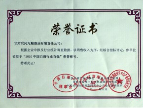 2011年-滨河九粮酒业公司获2010中国白酒行业百强