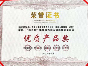 滨河九粮液酒(45度) 荣获“昆仑杯”第九届西北五省酒类质量品评优质产品奖证书